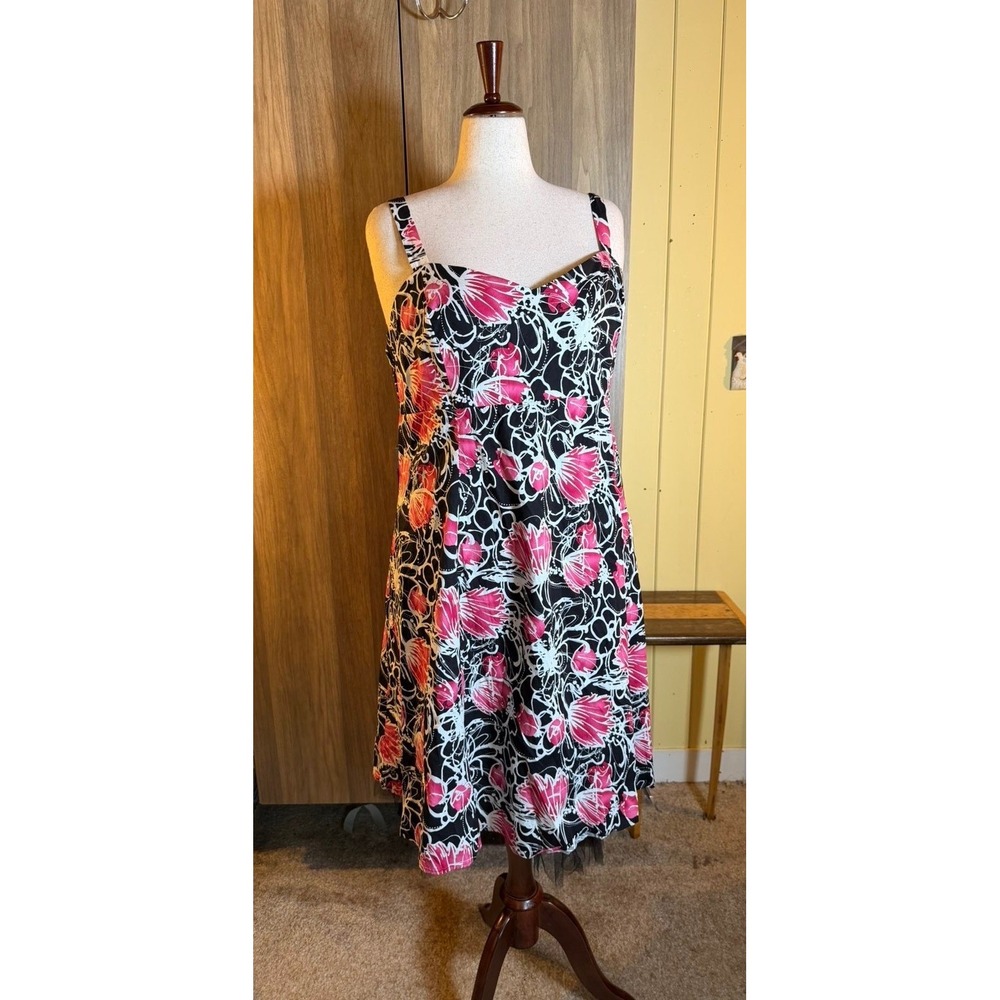 404.Dressbarn Pink Black Floral Fit Flare Dress Tulle Hem Size 22 Cute Feminine - Picture 2 of 5